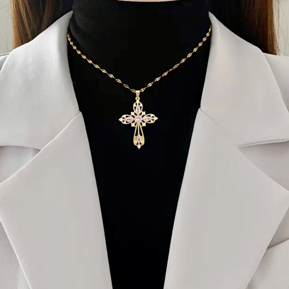 14K Gold Plated Ornate Pink Crystal Cross Necklace - Picture 3 of 4